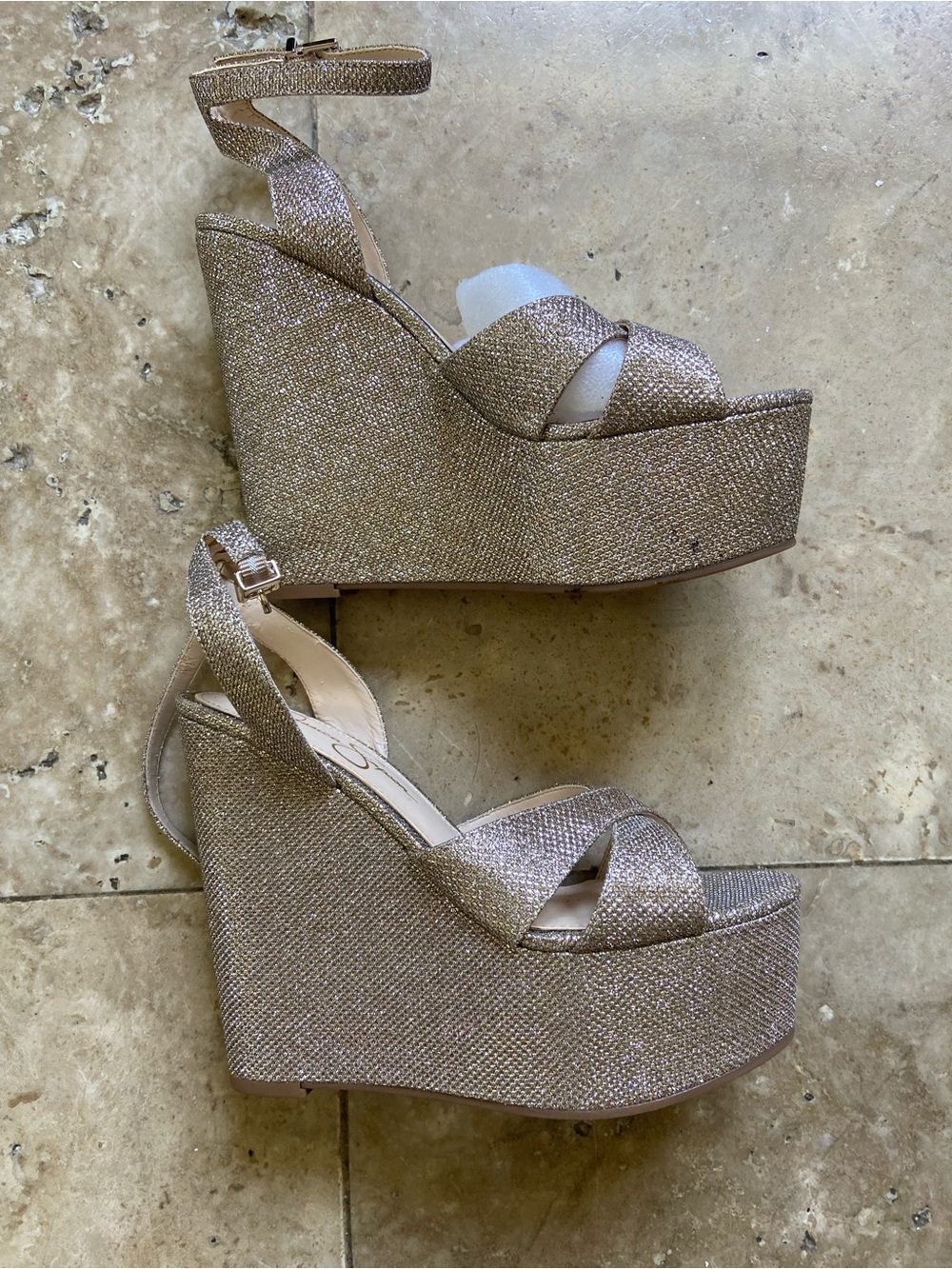 Jessica Simpson Prena Gold Platform Wedge Sandals Size 7 NWOT Glam Cocktail Fun